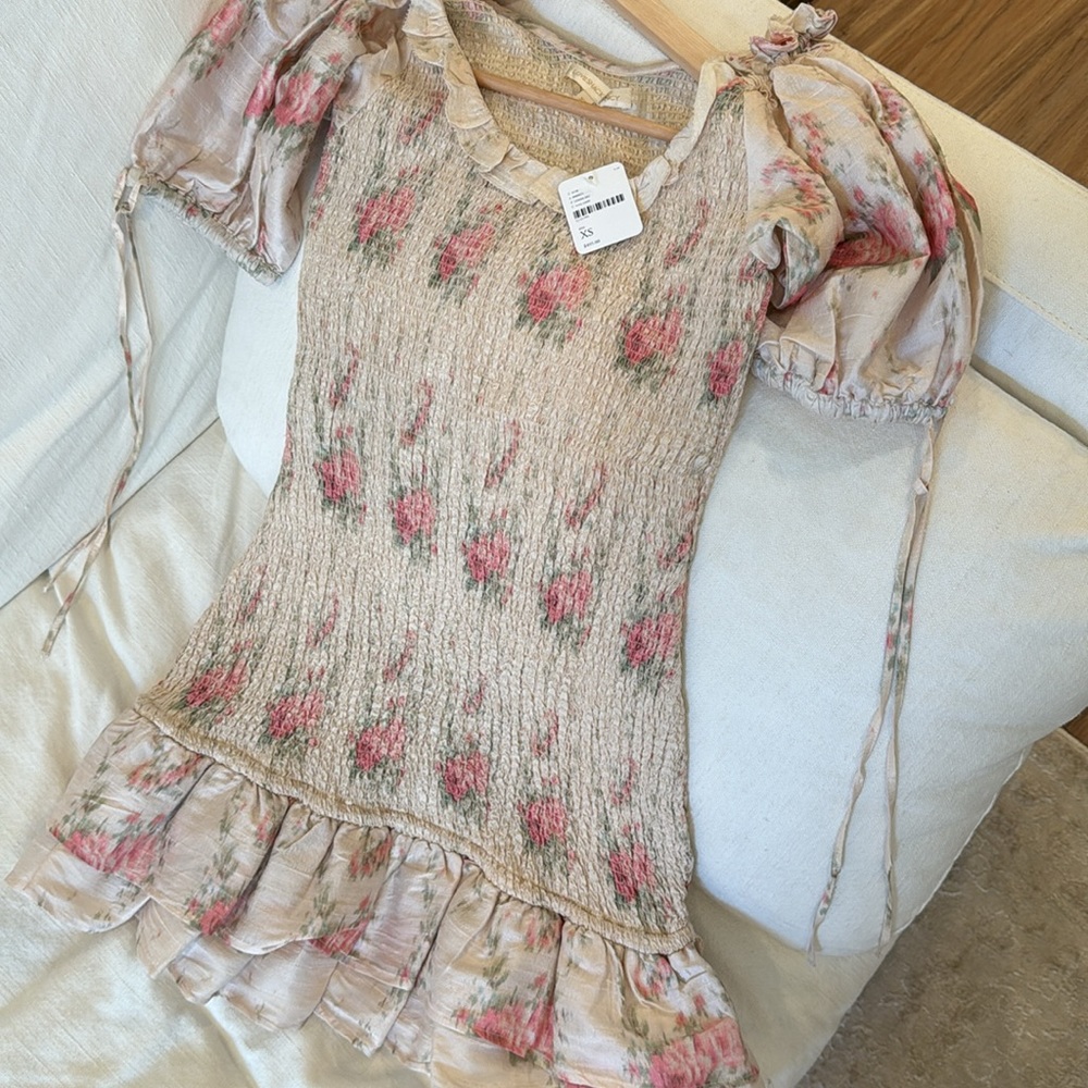 Loveshack fancy smocked beige scoop neck mini dress with puff sleeves floral